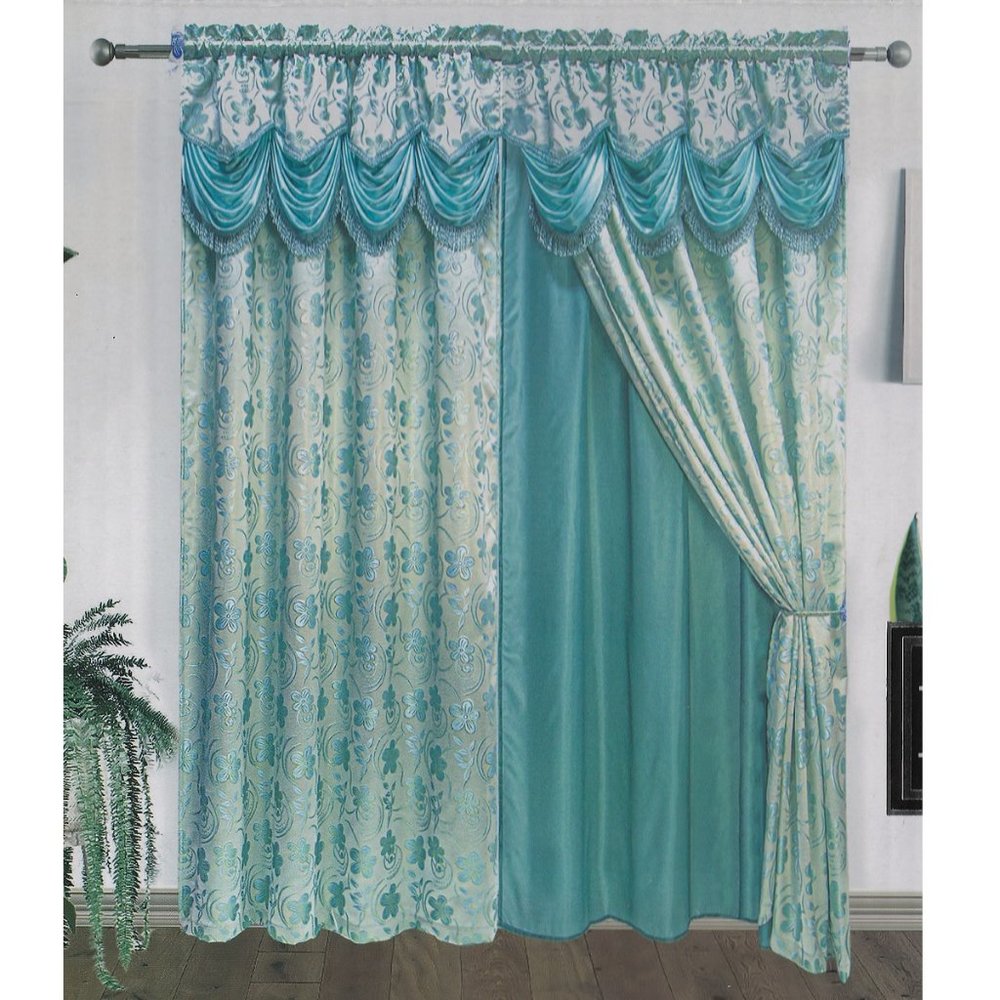 Teal Curtains Jacquard Panel with Backing Attached Waterfall Valance with Tassel